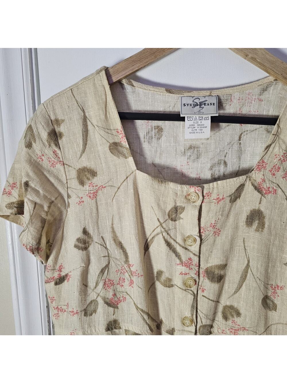 Studio Ease Button Down Linen Maxi Dress Sz 8 Cap Sleeve Floral Y2K 90s Friends